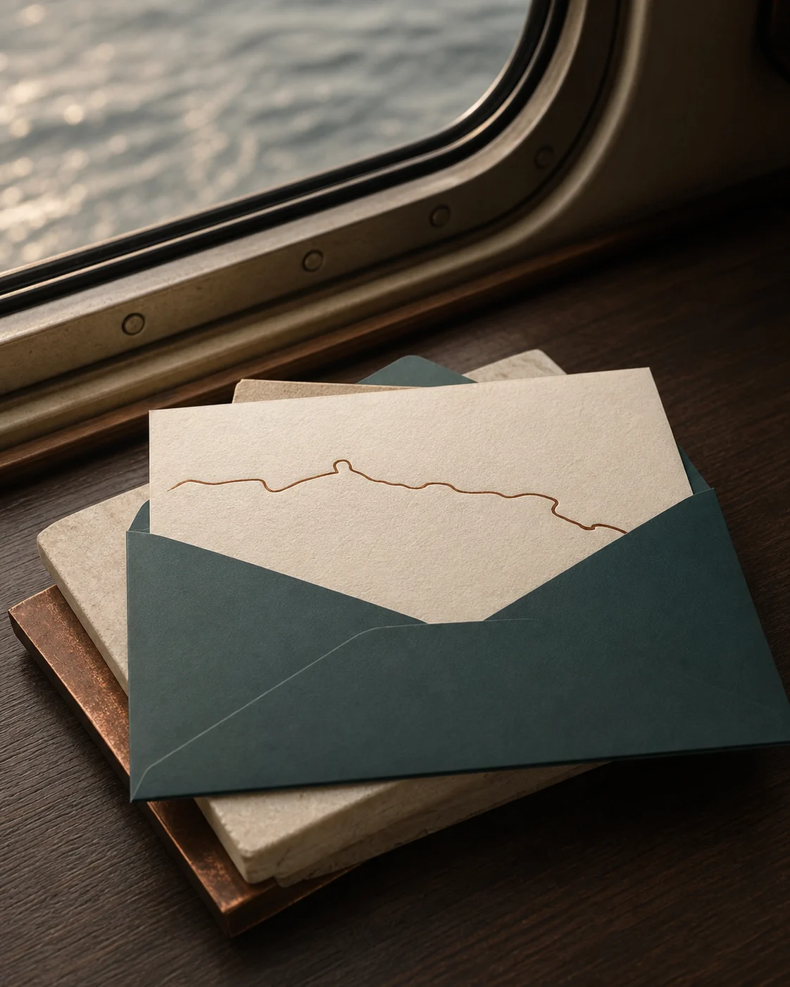Invitación marfil dentro de un sobre verde petróleo
