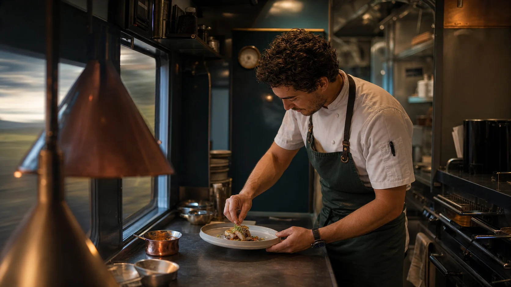 Chef emplatando dentro de la cocina del tren