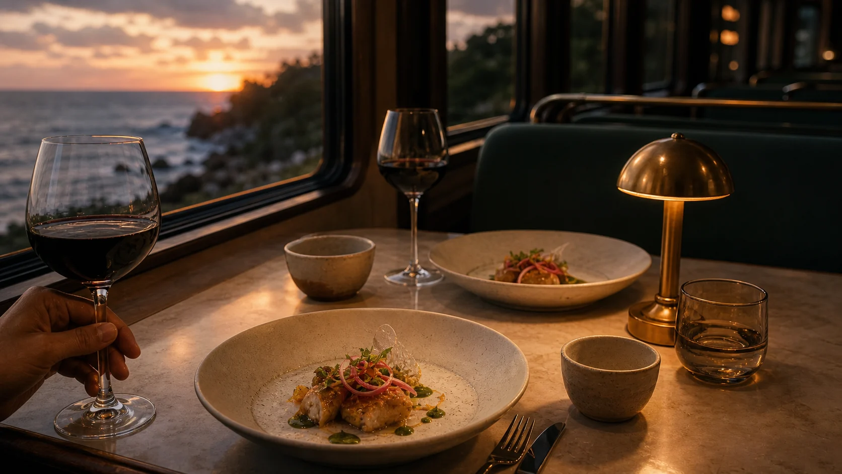 Menú de degustación servido frente al mar