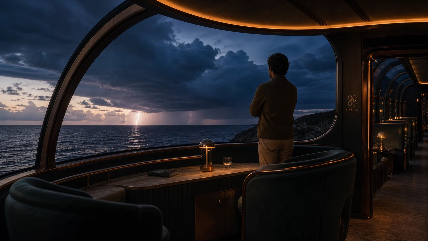 Pasajero observando una tormenta desde el coche panorámico
