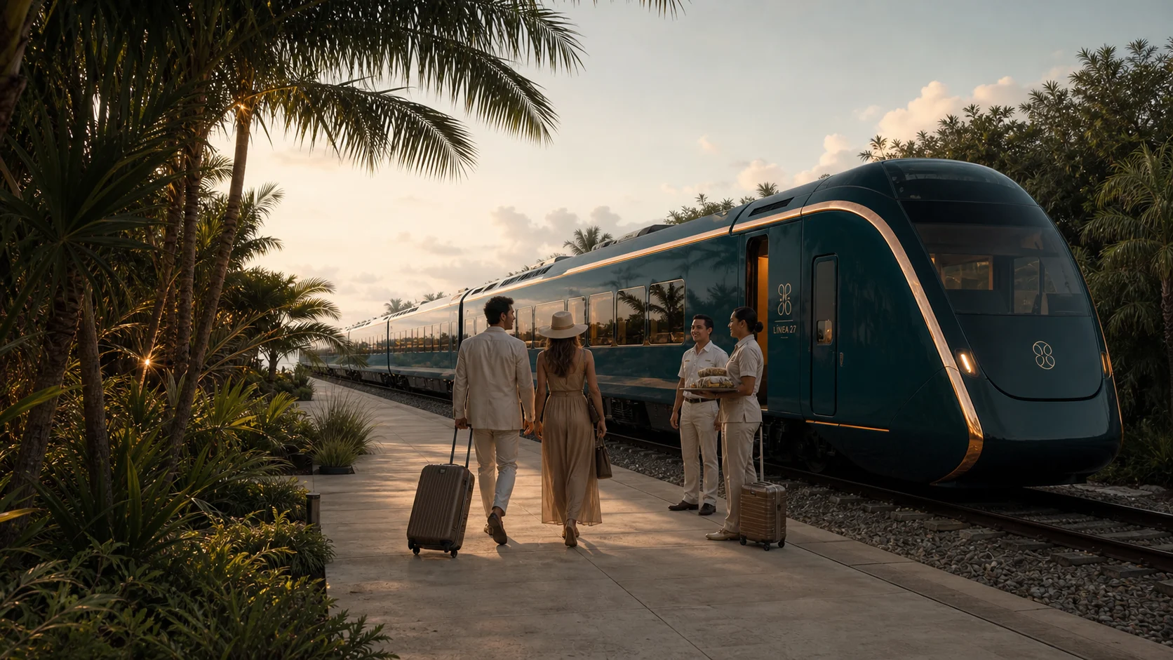 Pasajeros llegando al tren en un andén tropical privado
