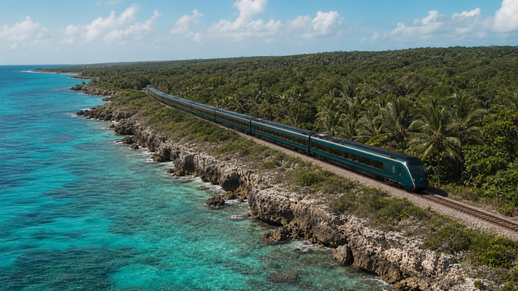 Vista aérea del tren siguiendo la costa y la selva