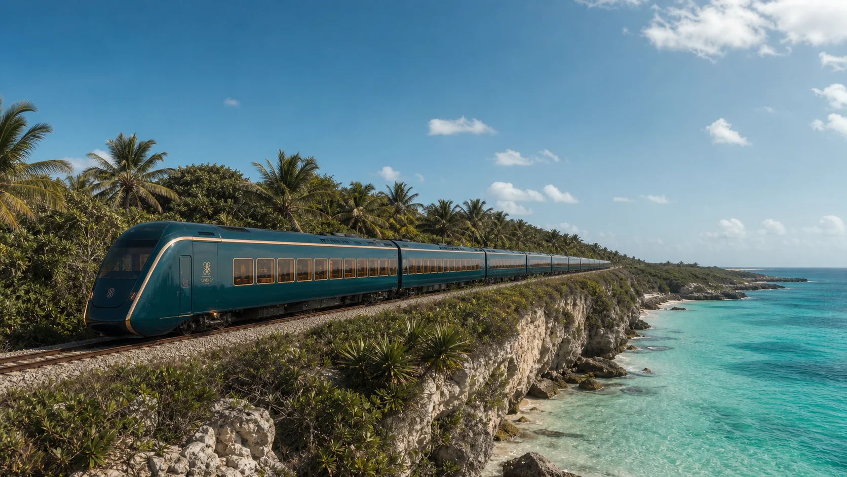 Tren verde petróleo recorriendo una costa de agua turquesa