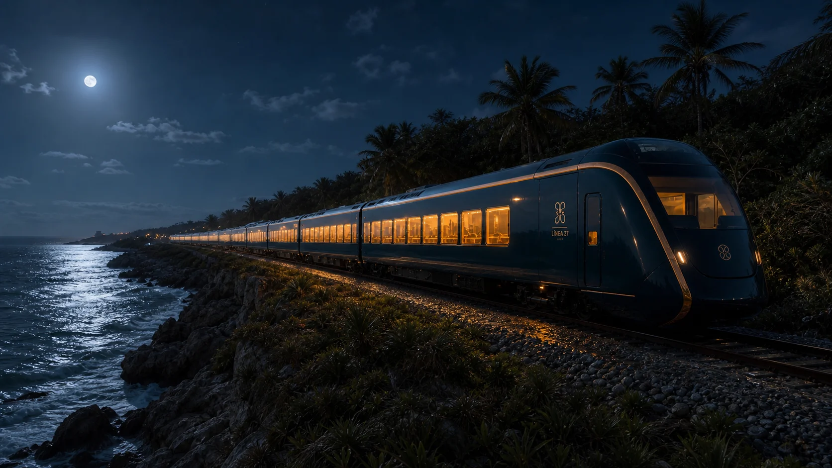 Tren LÍNEA 27 junto al mar bajo la luna