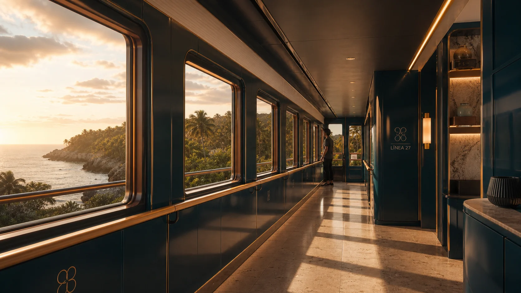 Corredor del tren atravesado por franjas de luz costera