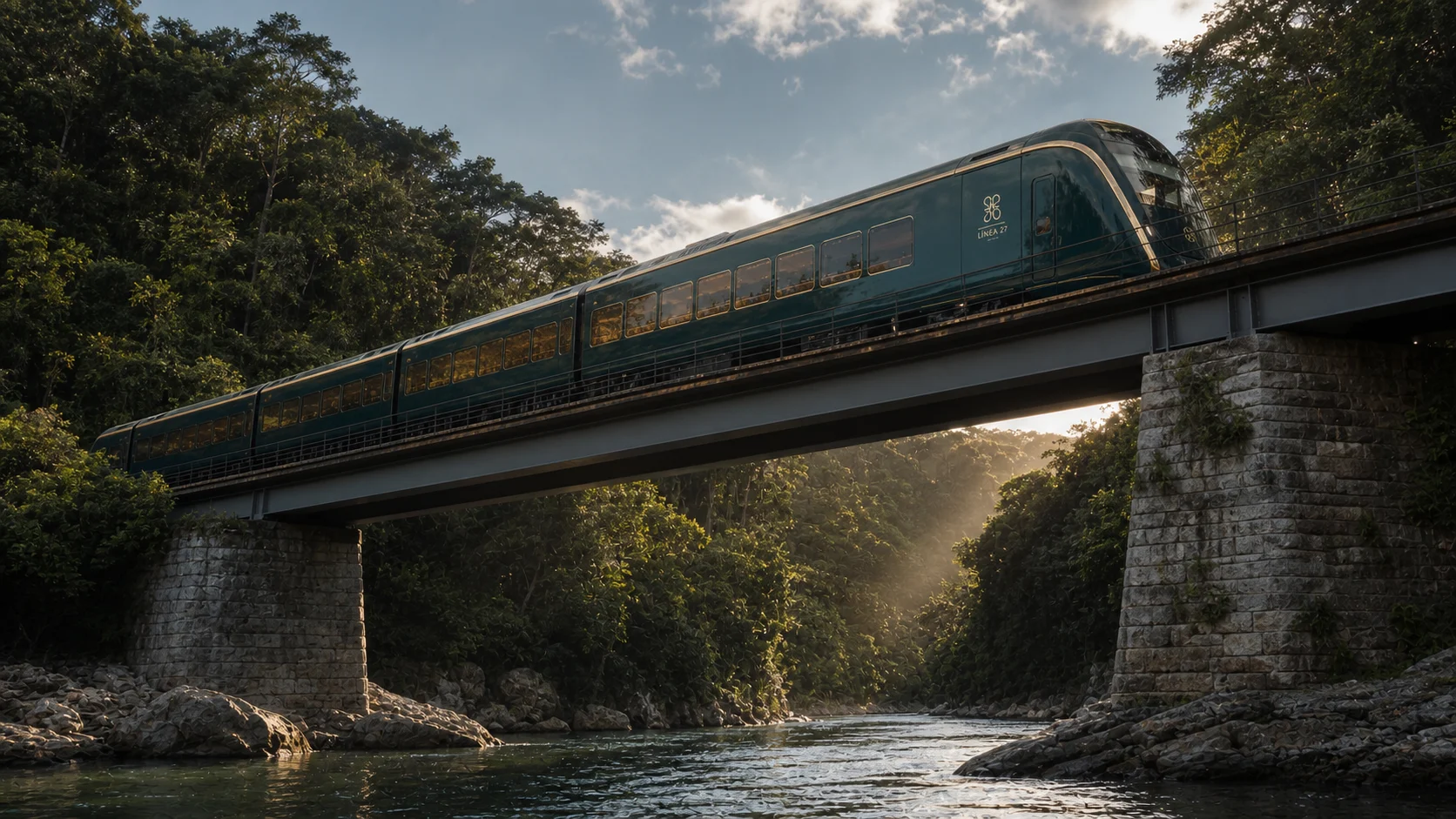 Tren cruzando un puente visto desde el río