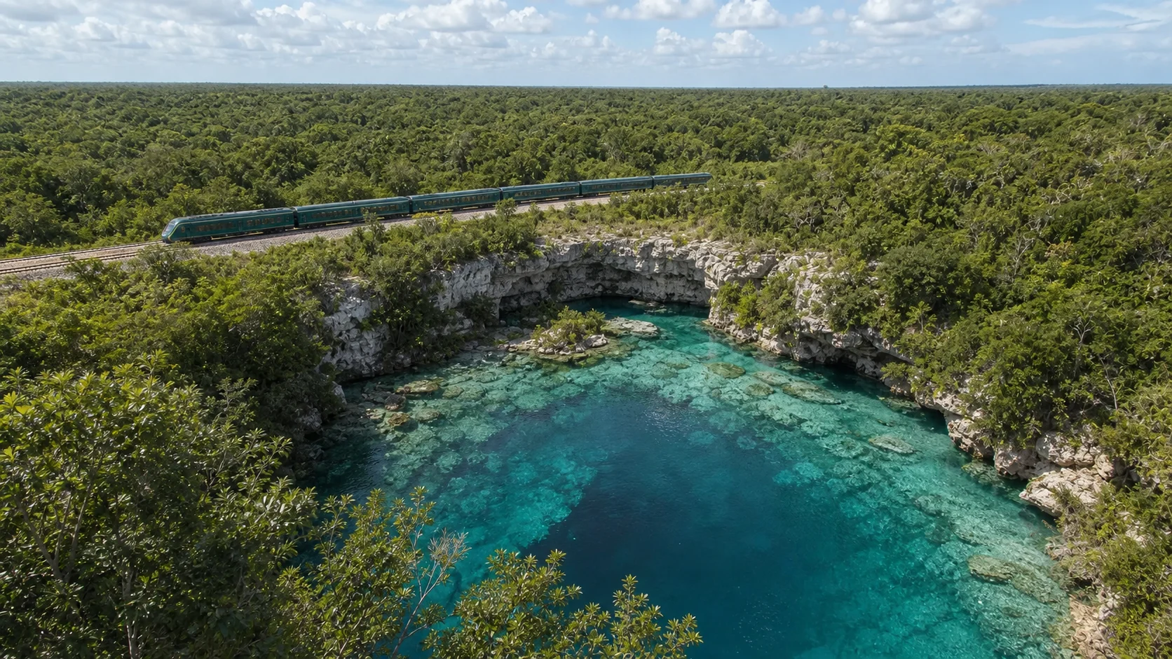 Vista aérea del tren junto a un cenote