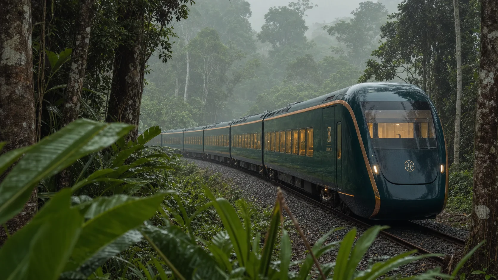 Tren LÍNEA 27 atravesando la selva bajo la lluvia