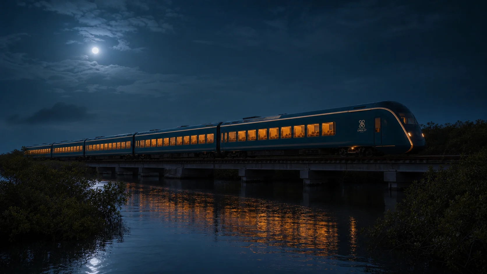 Tren nocturno reflejado sobre agua de manglar