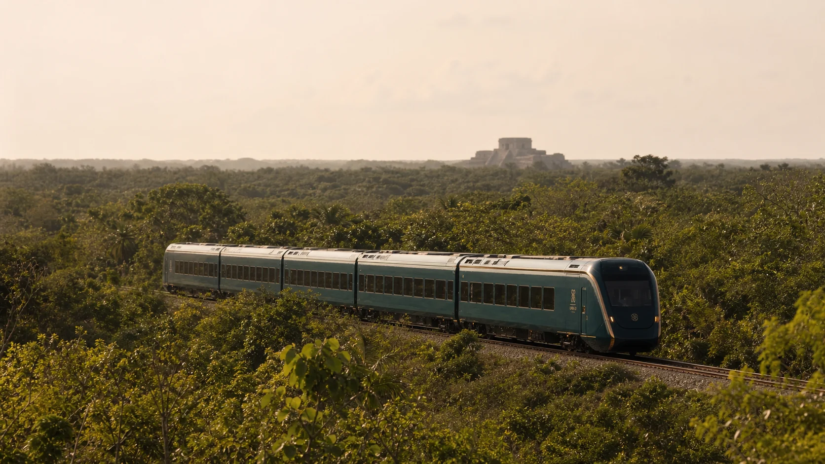 Tren y silueta arqueológica lejana sobre la selva