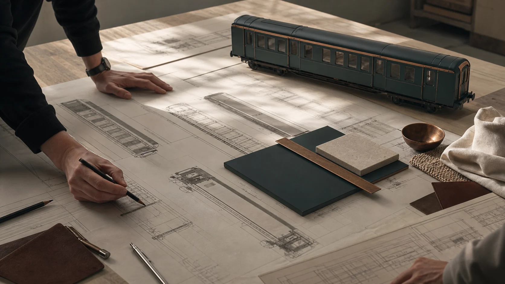 Mesa de diseño con planos y maqueta de LÍNEA 27