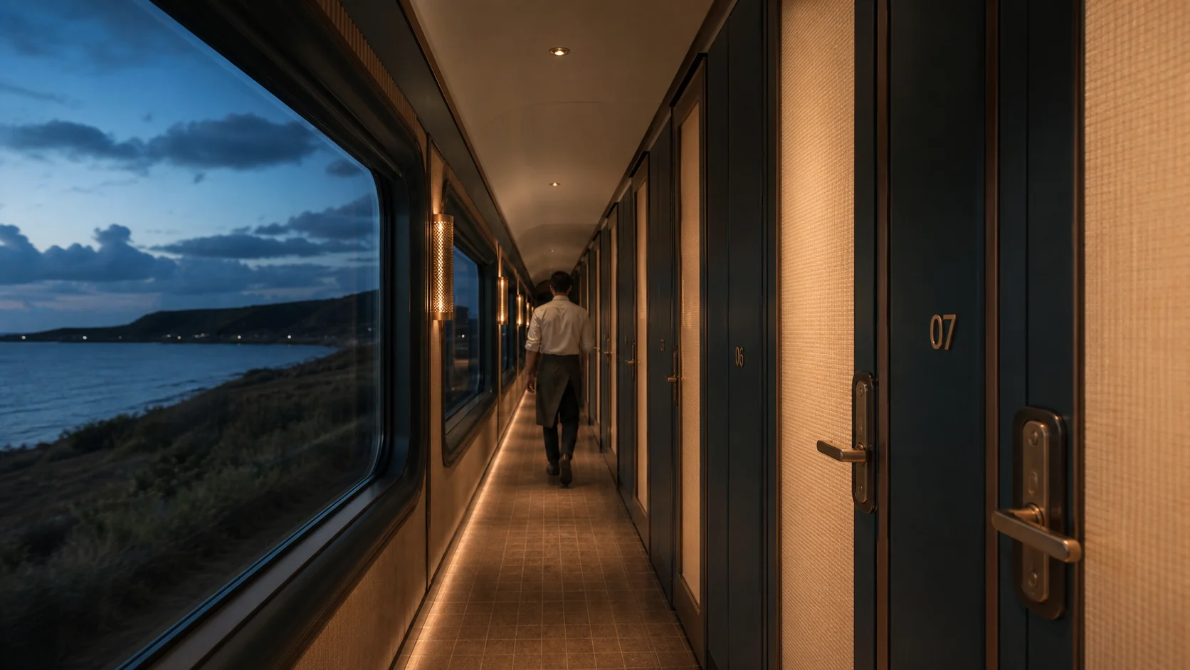 Corredor nocturno de los coches de suites